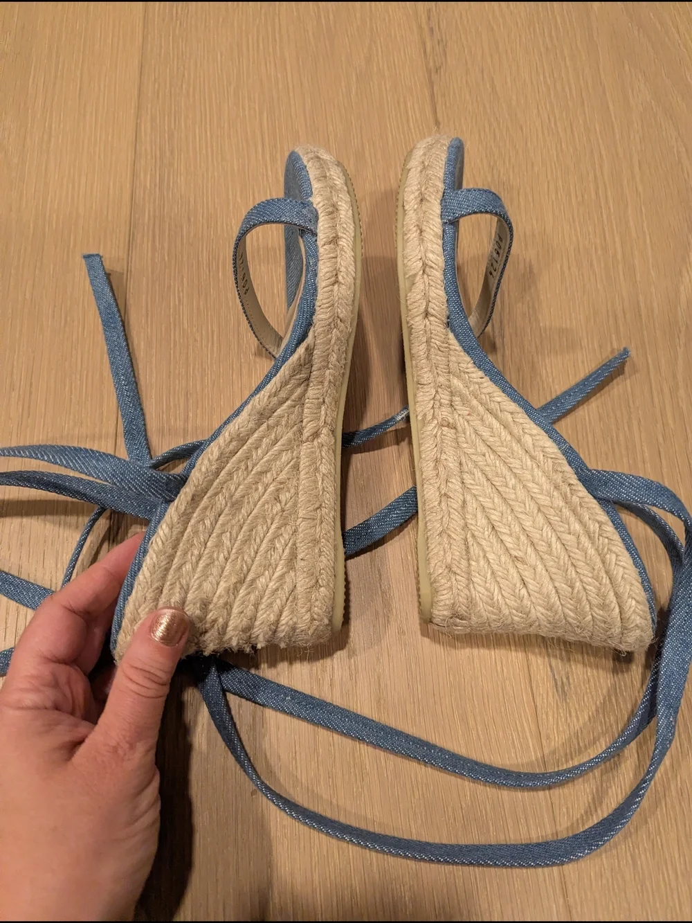 ALOHAS Blue Denim Wedge Espadrille Sandals with Lace-Up Ankle Tie